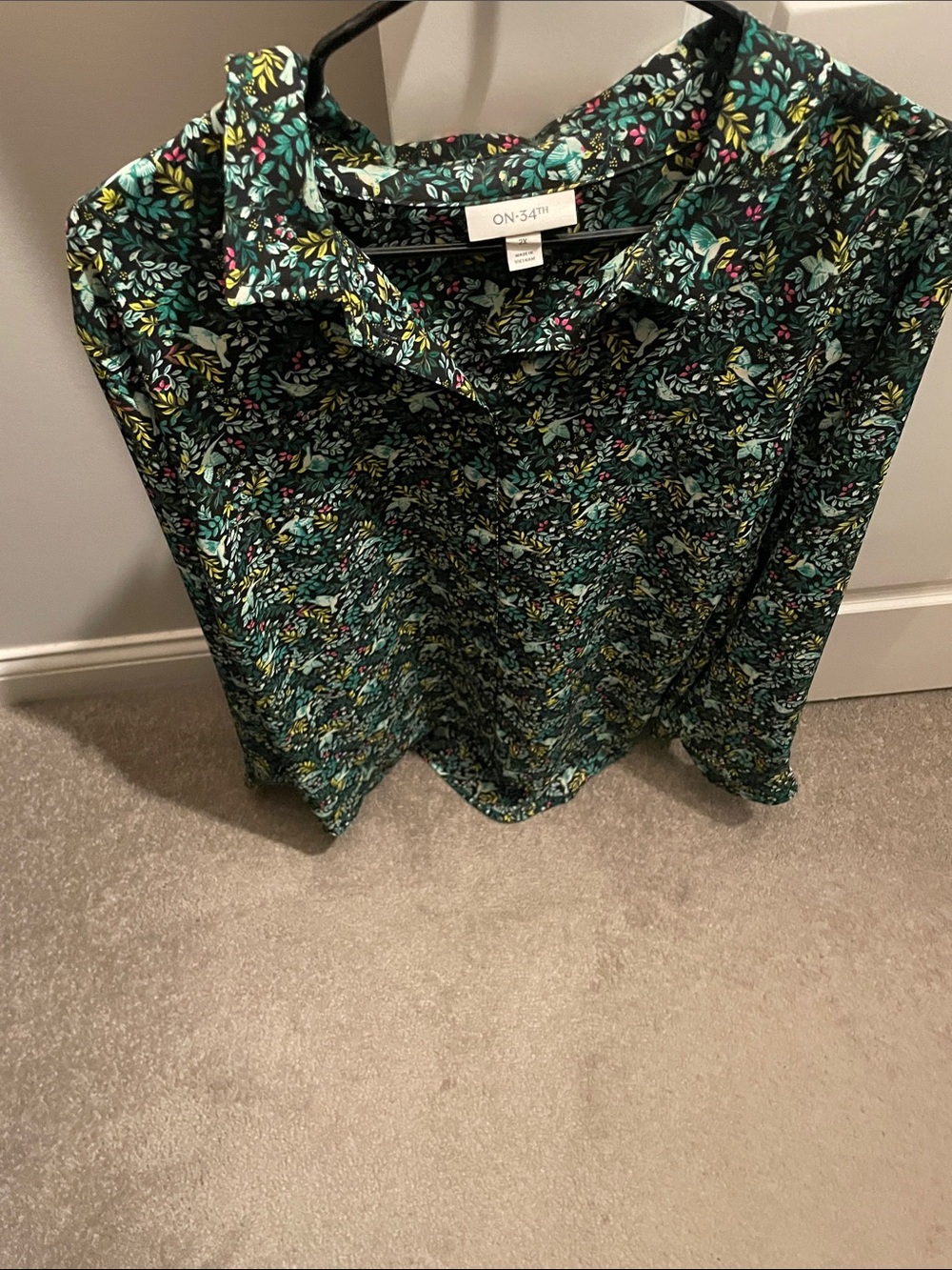Black Floral Button-Down Shirt with Teal & Yellow Accents